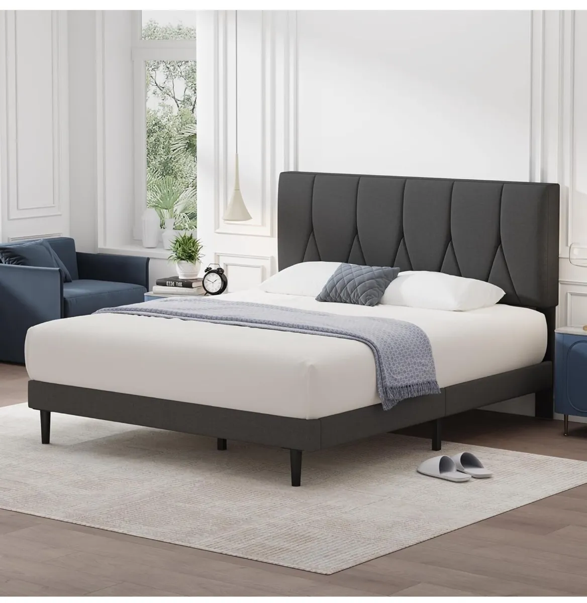 Small Double Bed Frame, Dark Grey, Upholstered Woo - Image 3