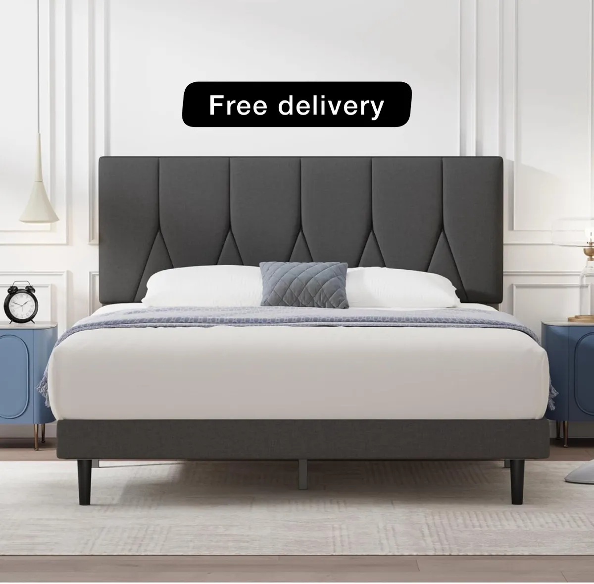 Small Double Bed Frame, Dark Grey, Upholstered Woo - Image 1
