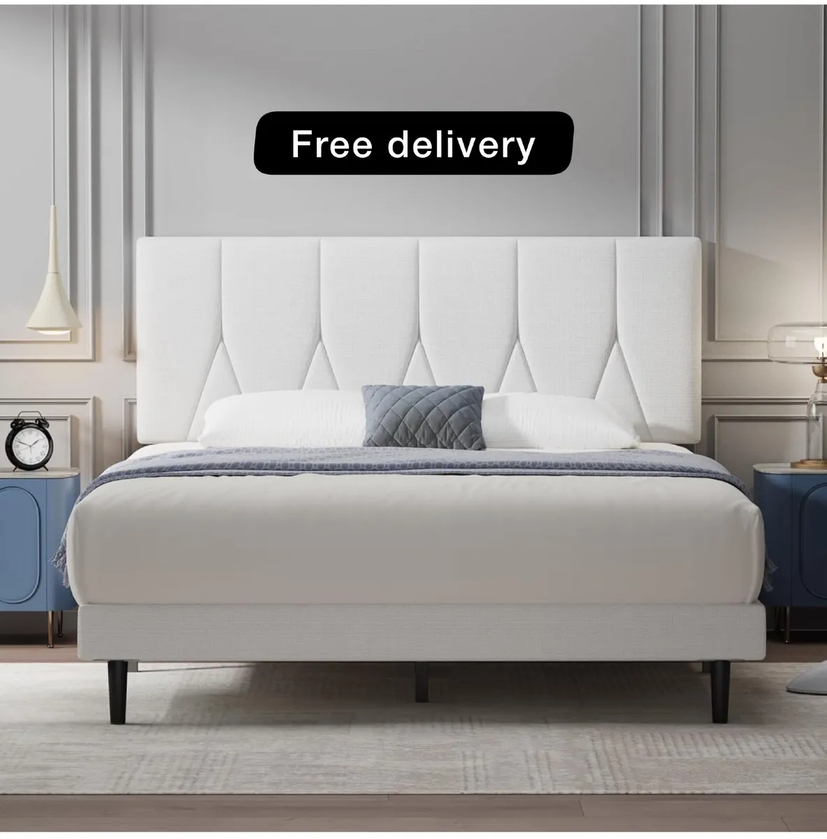 Small Double Bed Frame, White Upholstered Wooden S - Image 1