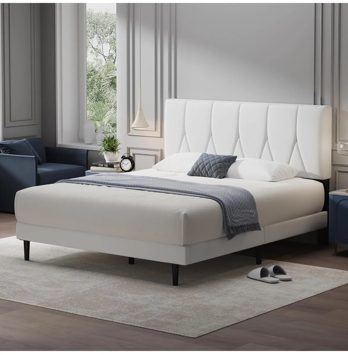 Small Double Bed Frame, White Upholstered Wooden S - Image 1