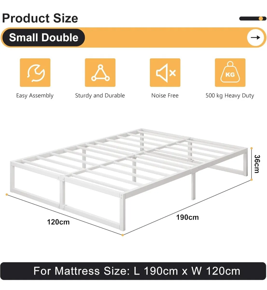 Small Double Bed Frame 120x190 cm Metal Platform B - Image 1