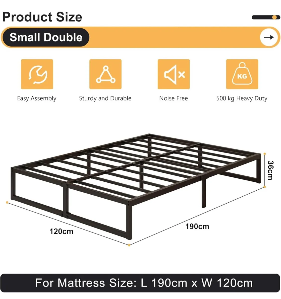 Small Double Bed Frame 120x190 cm Metal Platform B - Image 1