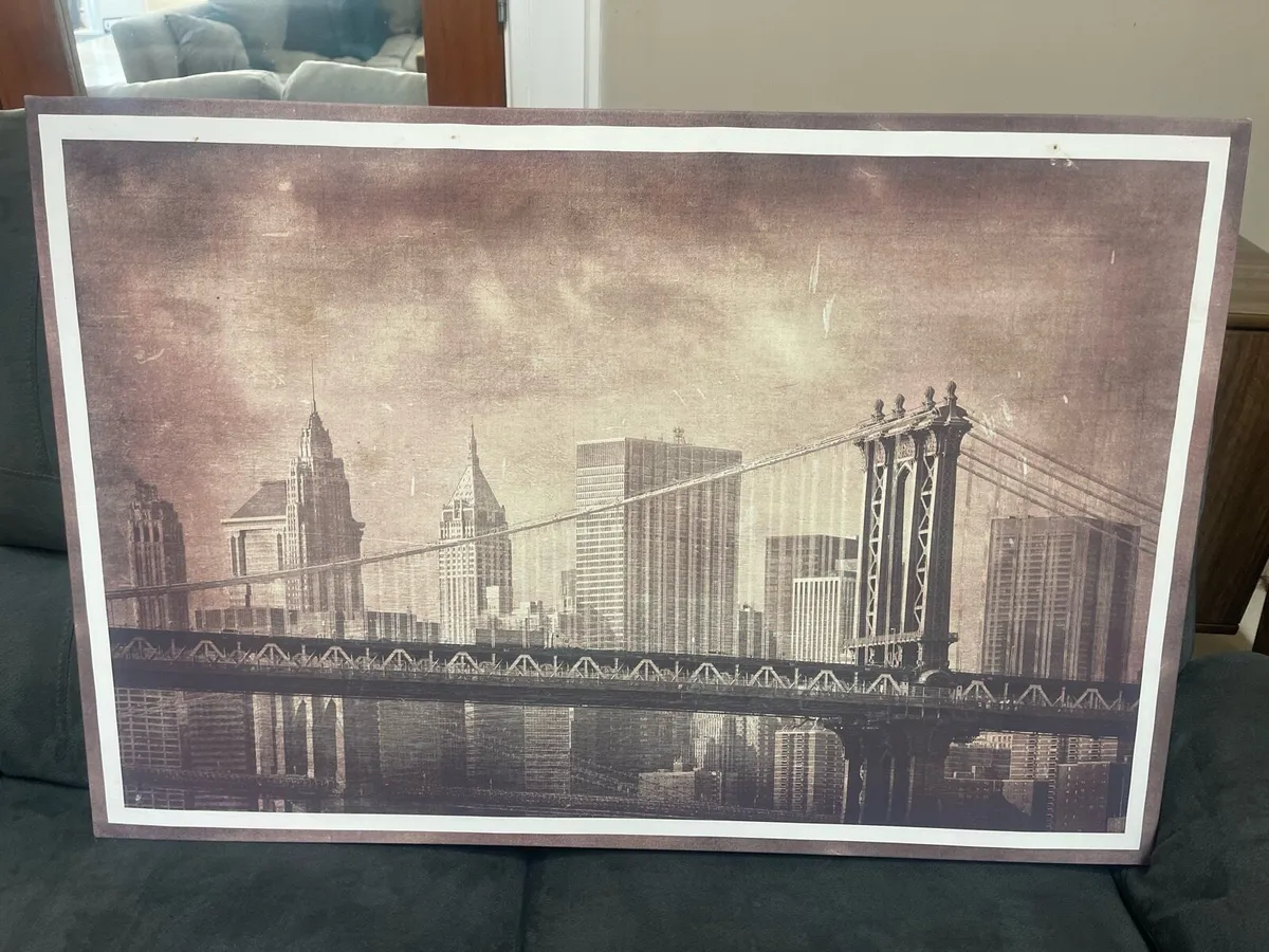 Vintage Style Framed Painting Of Manhattan Bridge