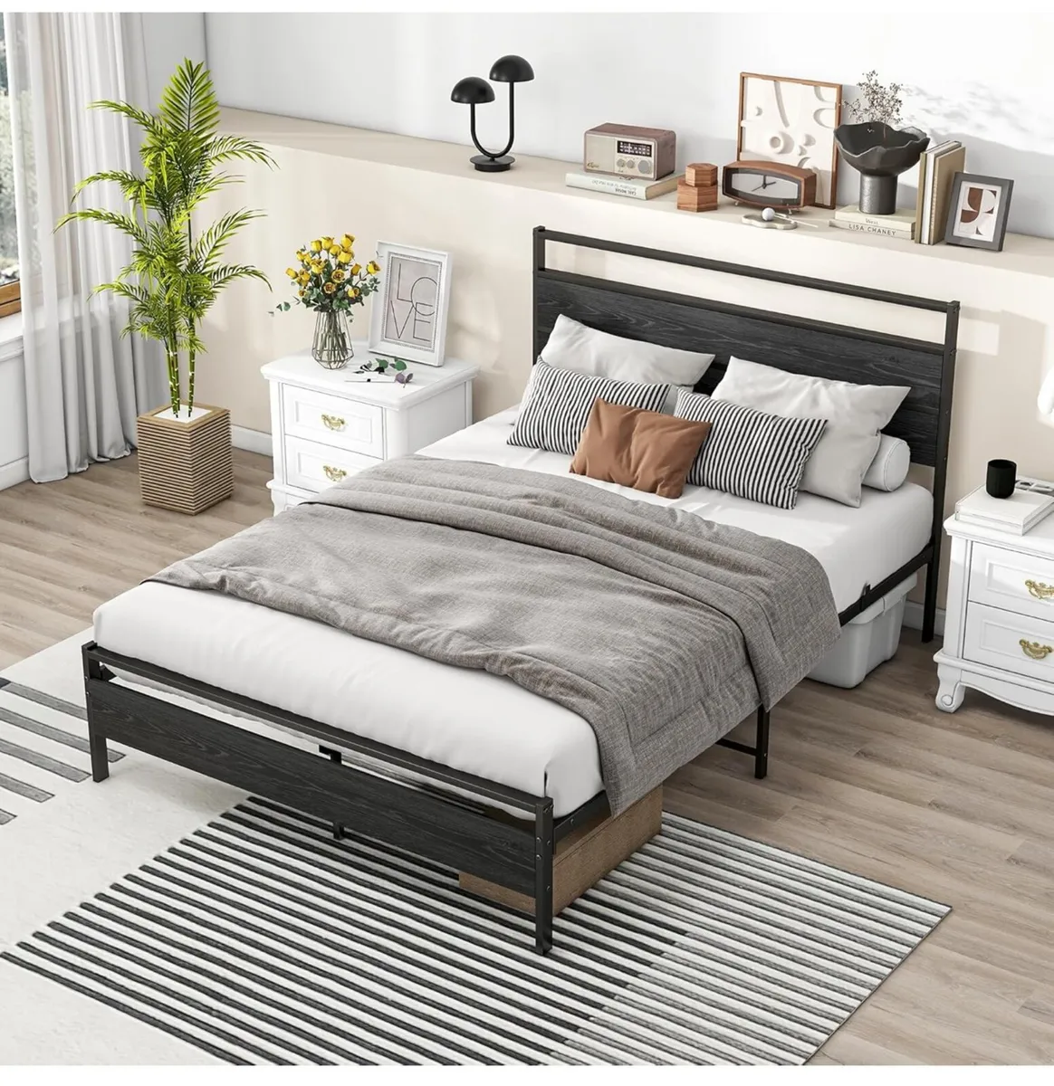 Small Double Bed Frame with Wood Headboard,Metal P - Image 2