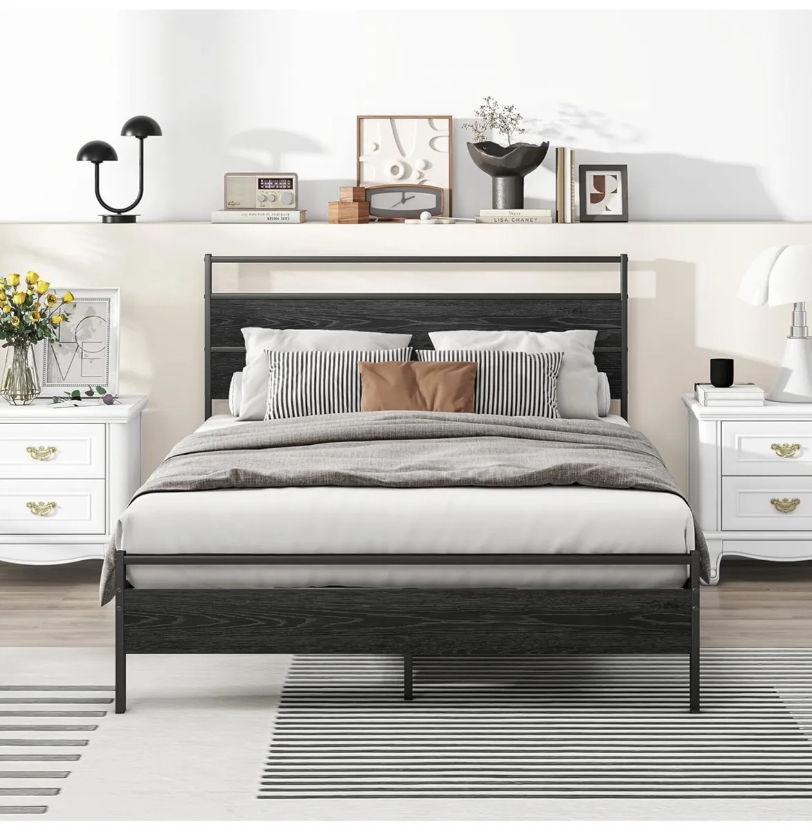 Small Double Bed Frame with Wood Headboard,Metal P - Image 4