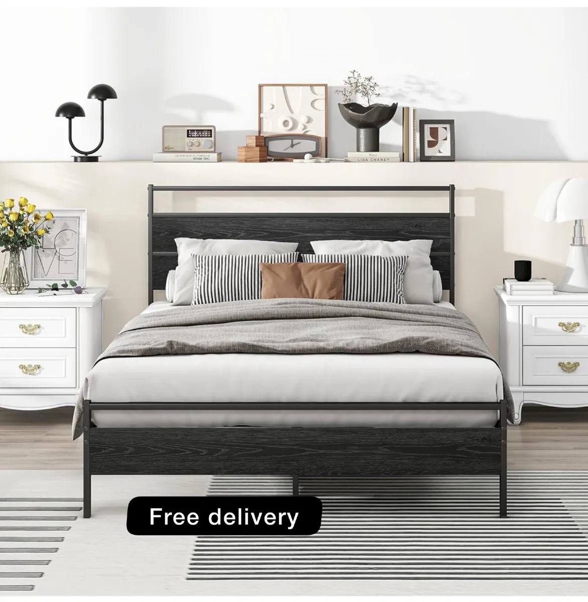 Small Double Bed Frame with Wood Headboard,Metal P - Image 1