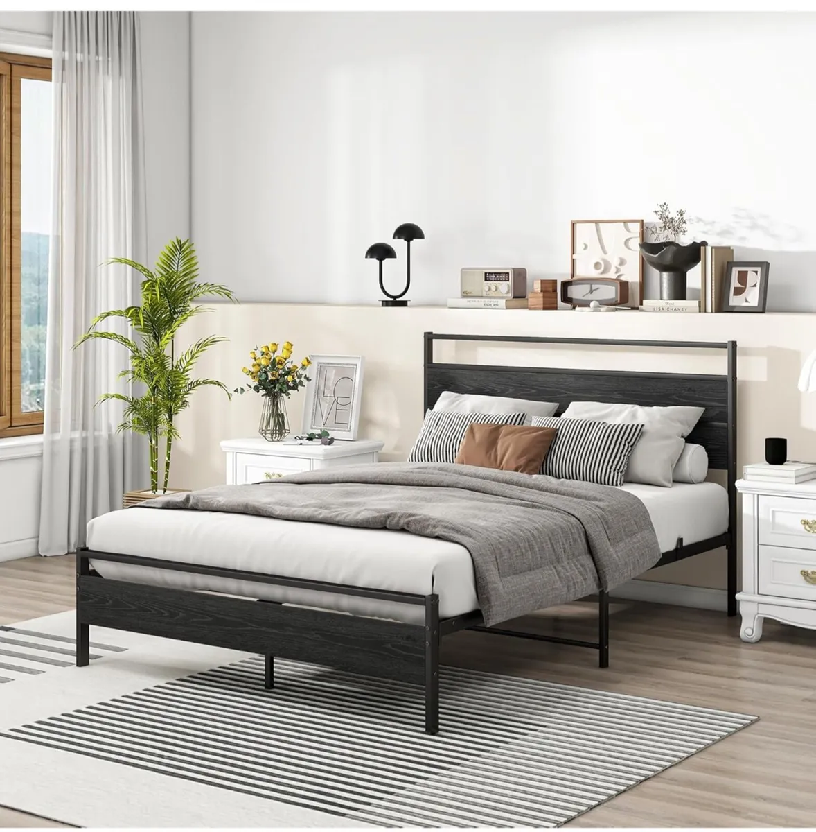 Small Double Bed Frame with Wood Headboard,Metal P - Image 1