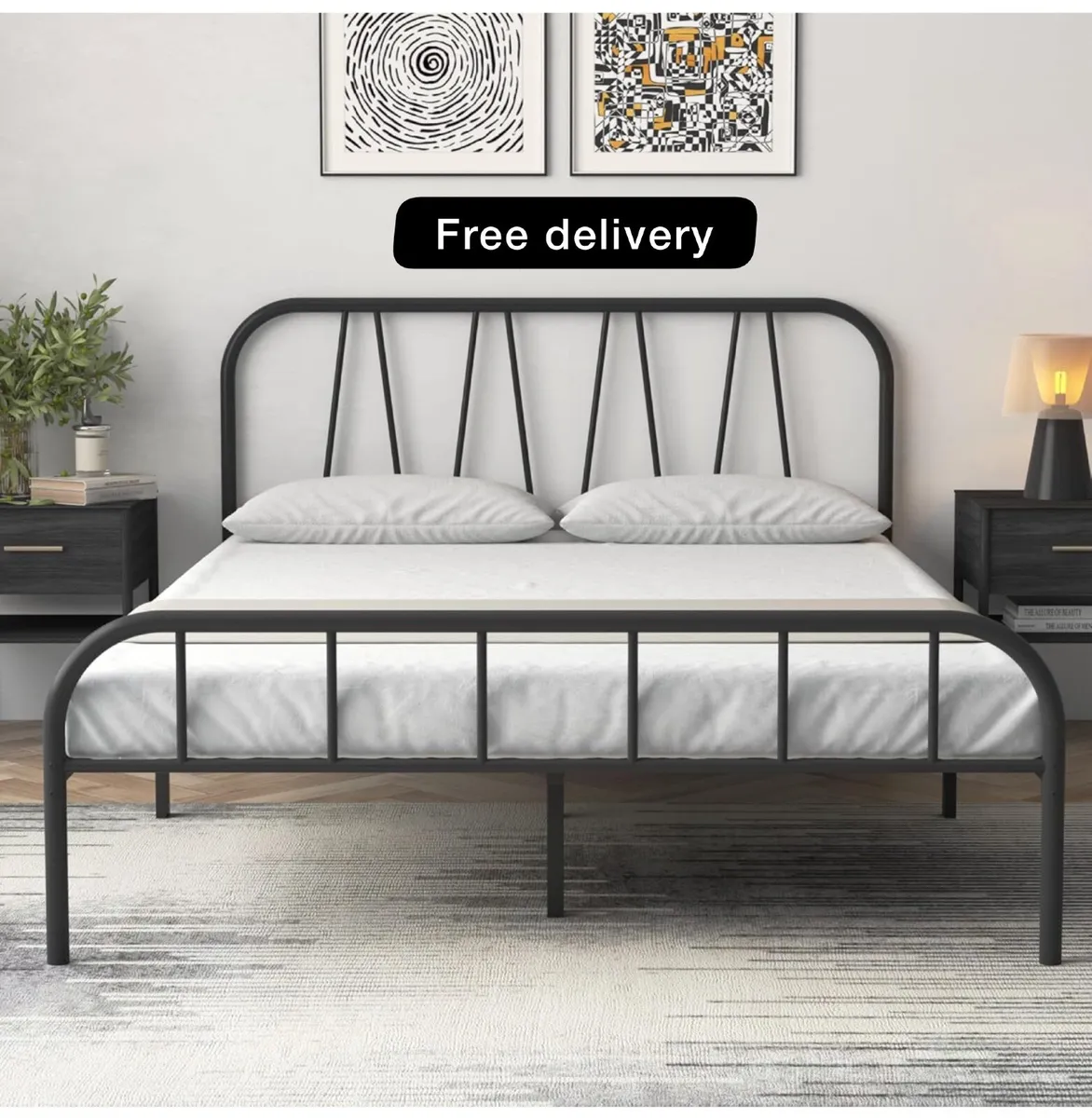 Small Double Bed Frame, Solid Metal Bed Frame, Mod - Image 1