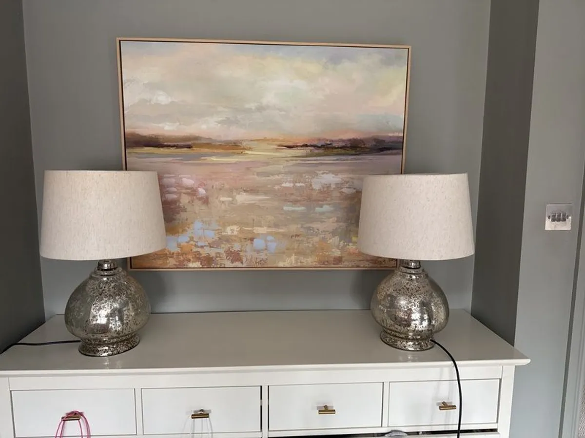 Pair of Silver Glass Table Lamps with Linen Shades - Image 1
