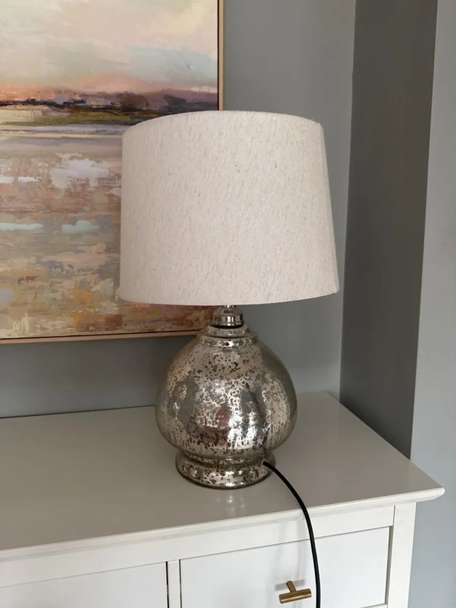 Pair of Silver Glass Table Lamps with Linen Shades - Image 2