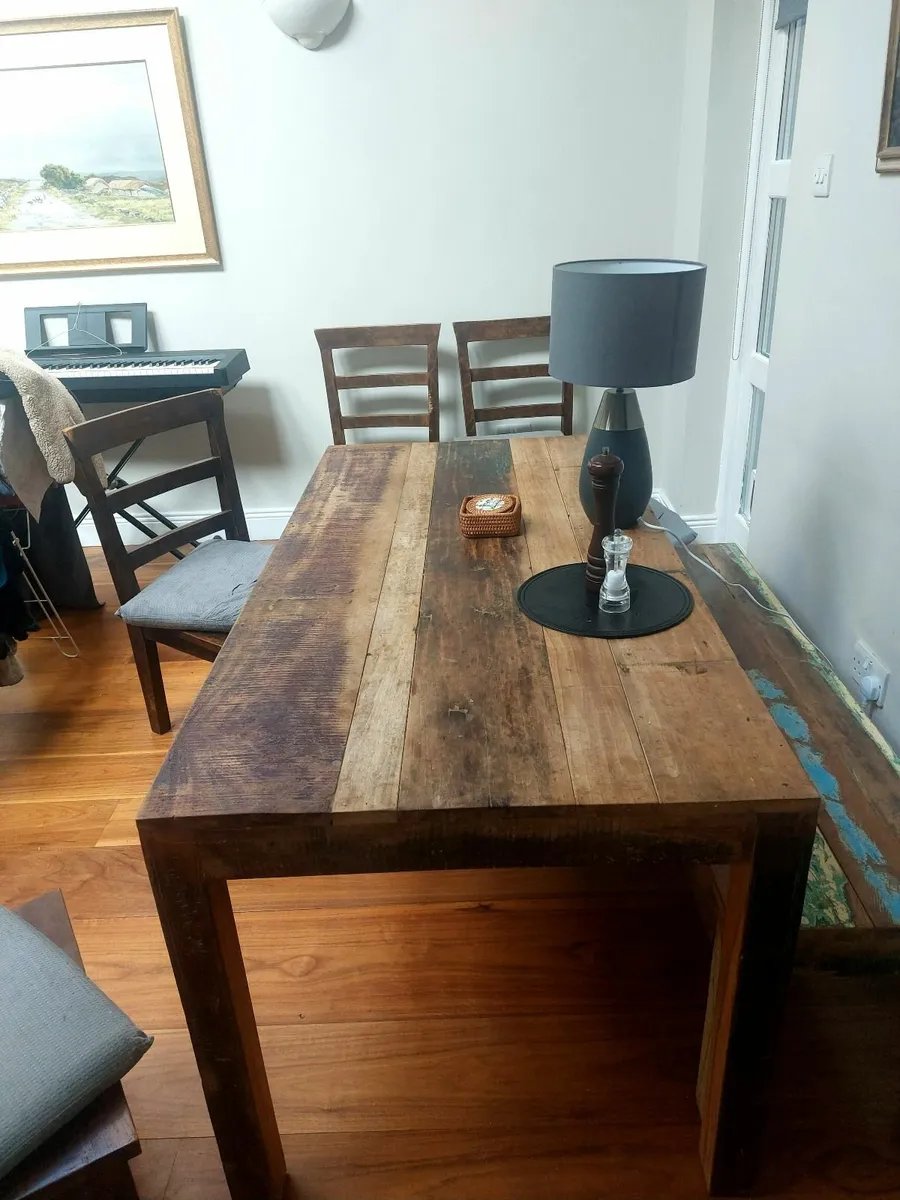 Natural reclaimed wood table, bench and chairs - Image 2