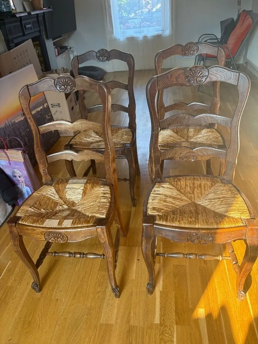 Vintage Set of 4 French Oak Mid Century Rattan / Straw Bistro Dining Chairs - Image 1
