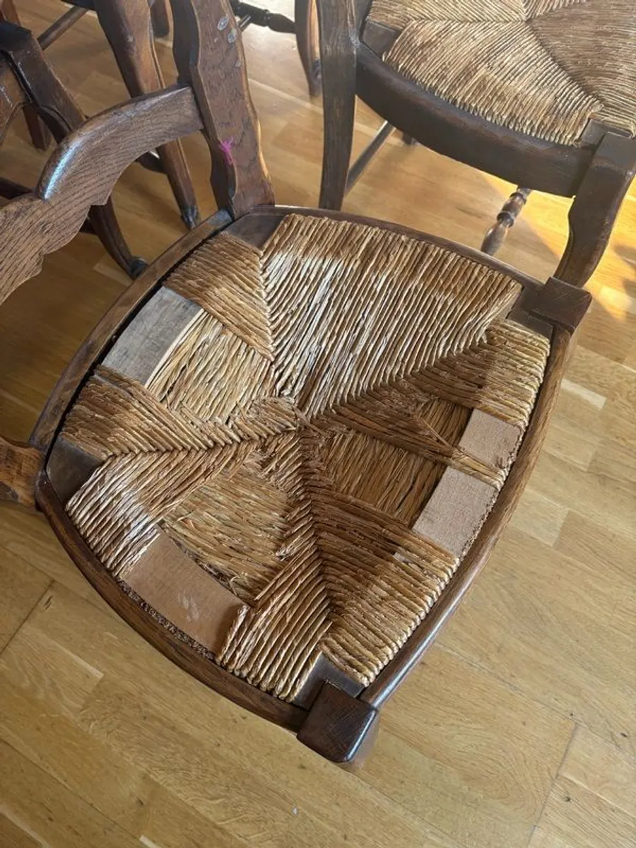 Vintage Set of 4 French Oak Mid Century Rattan / Straw Bistro Dining Chairs - Image 2
