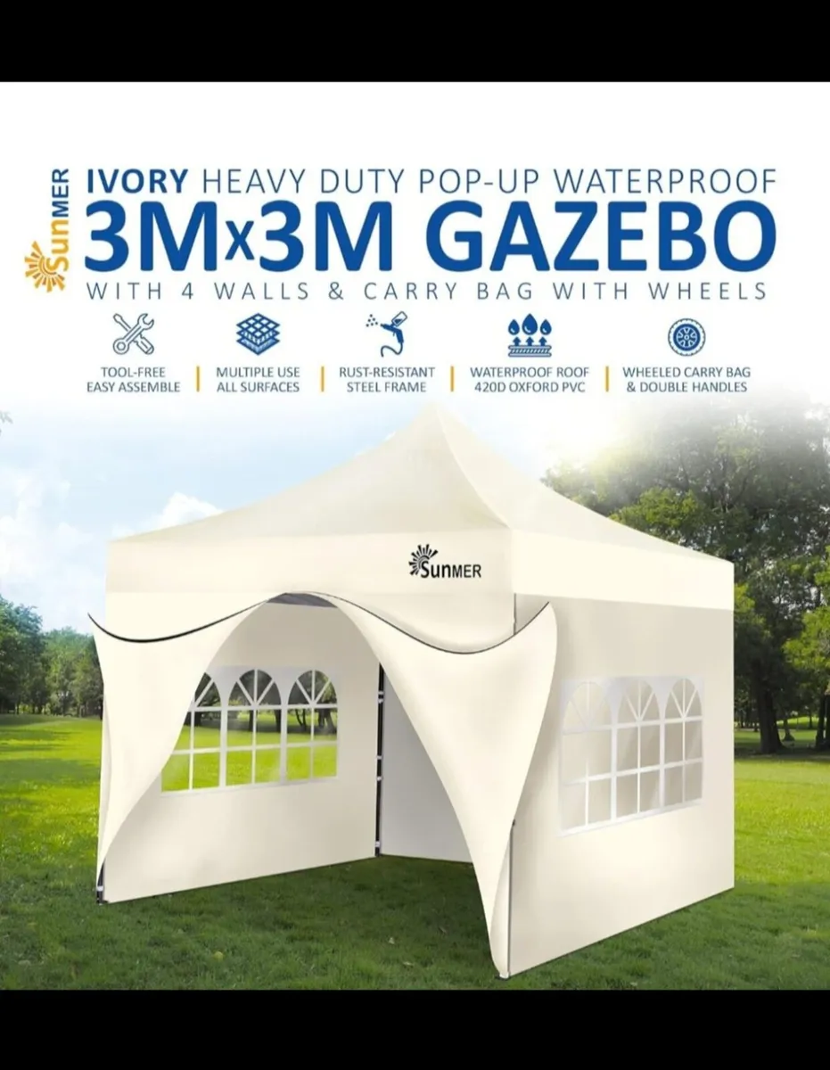 SUNMER 3x3M Pop-Up Gazebo with 4 Sides - Fully Wat - Image 3