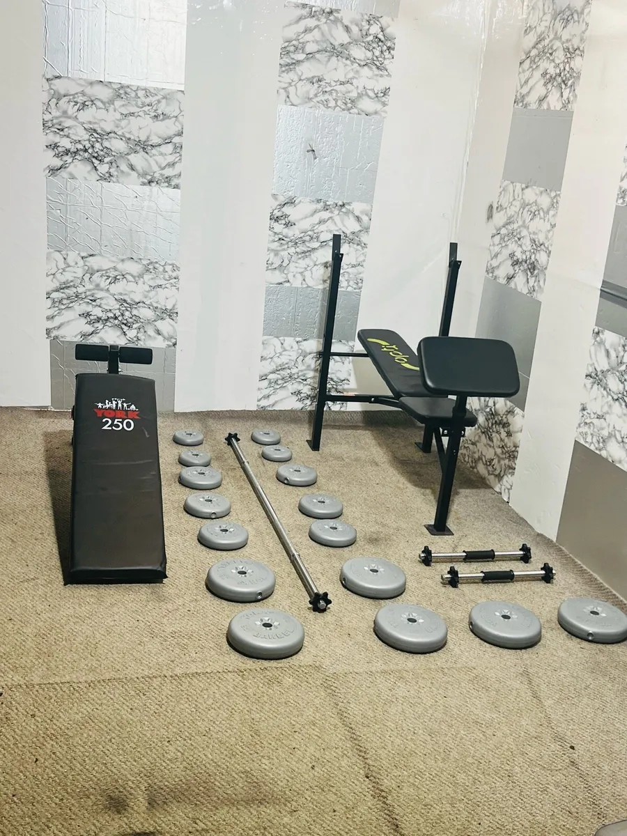 Gym bench’s 50kg  weights barbell dumbbells - Image 1