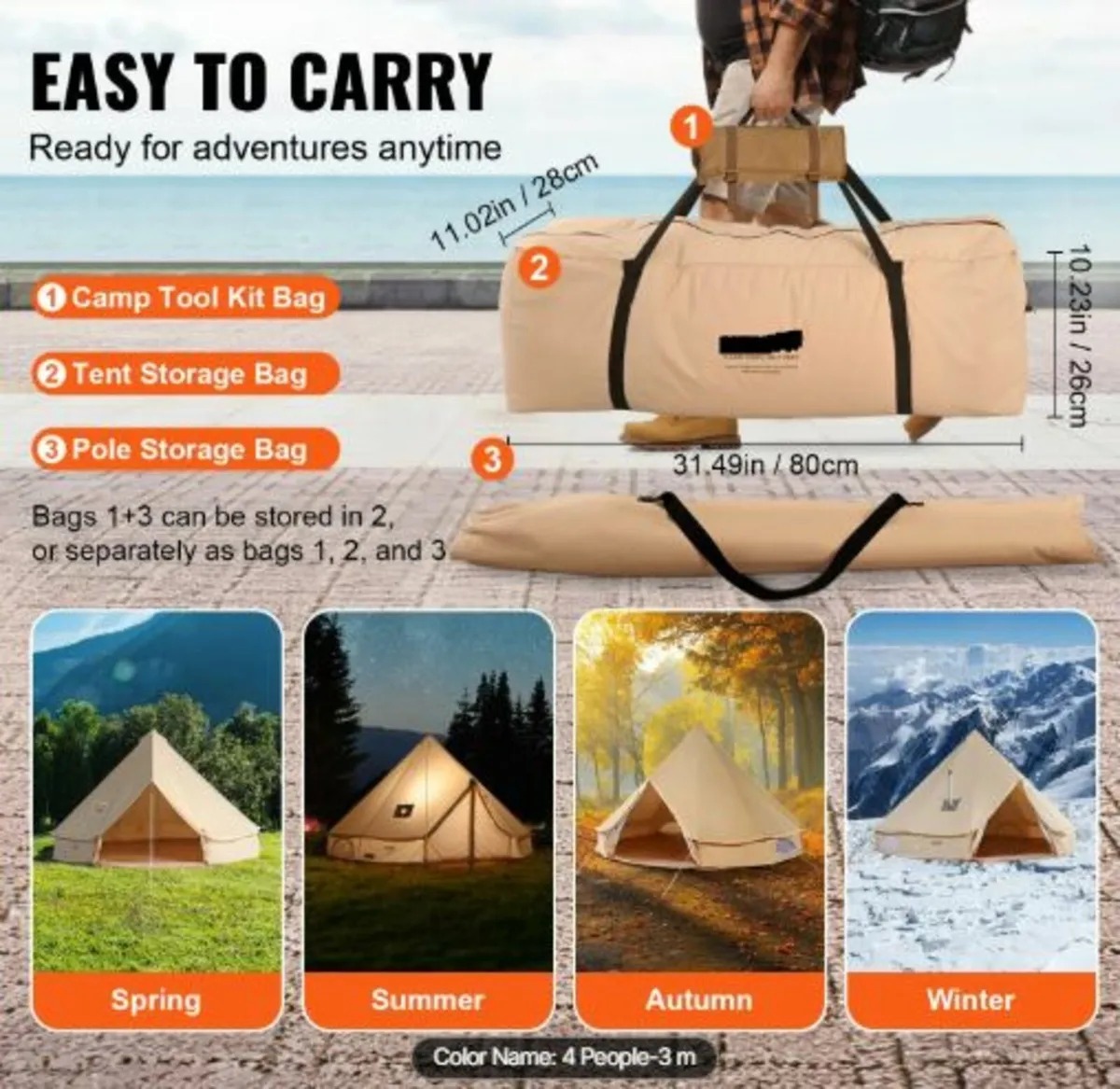 Canvas Bell Tent, 4 Seasons 3 m/9.8ft Yurt Tent, - Image 4