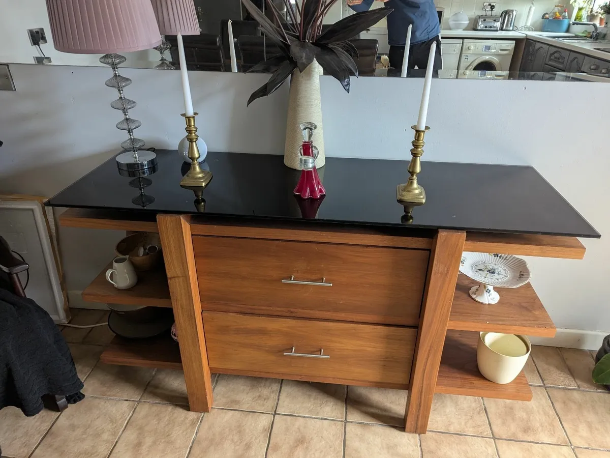 Walnut sideboard with black glass top - Image 2