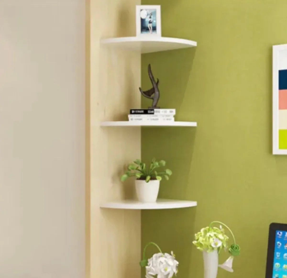 Set of 3 White Floating Corner Wooden Shelves - Image 1