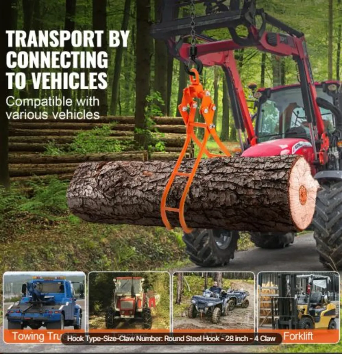 Timber Claw Hook, 28 inch 4 Claw Log Grapple - Image 3