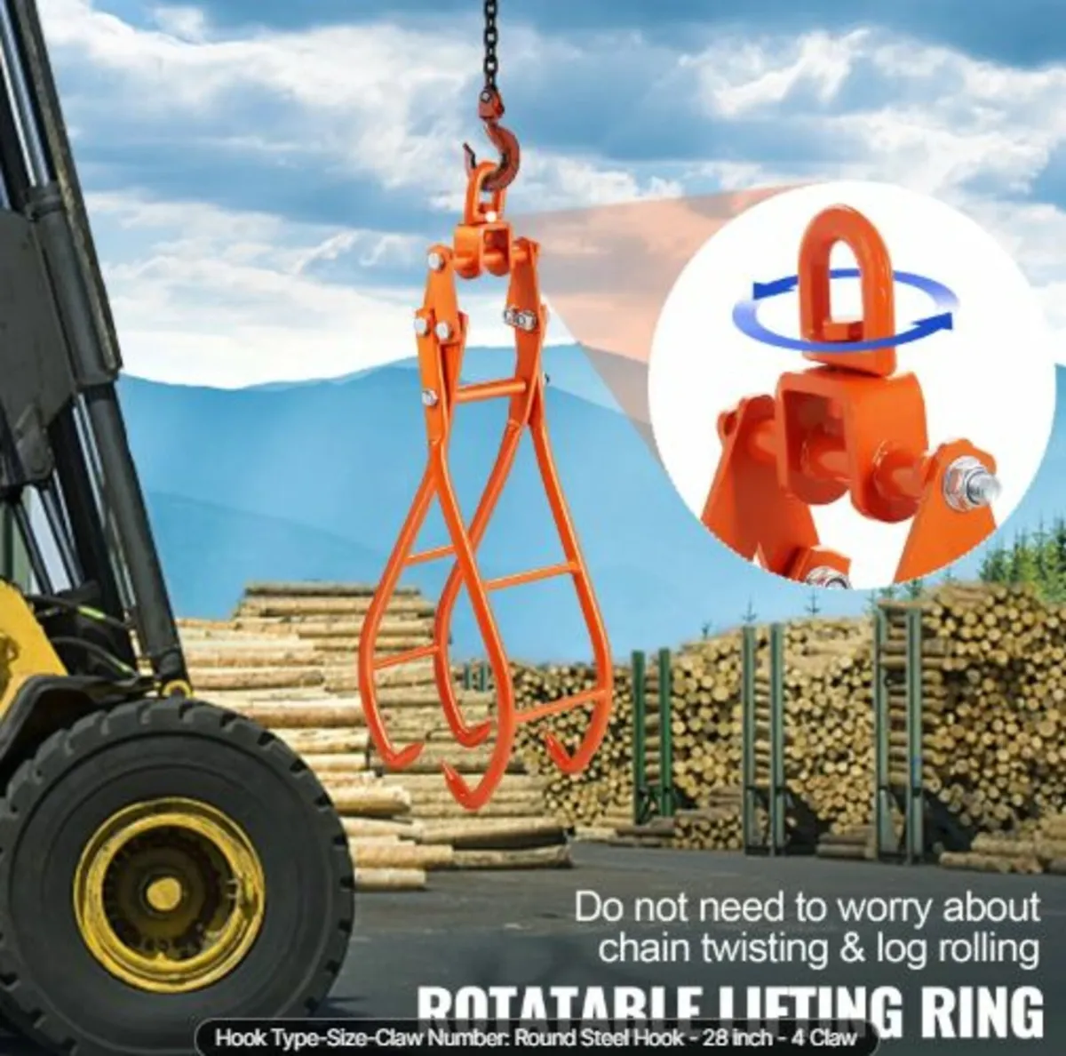 Timber Claw Hook, 28 inch 4 Claw Log Grapple - Image 4