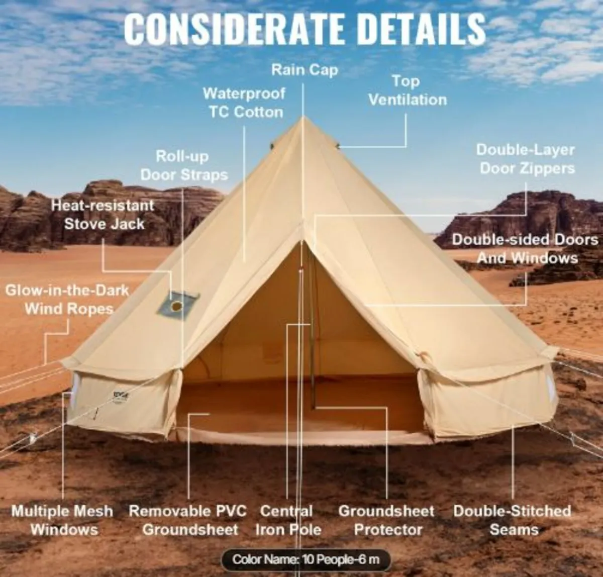 Canvas Bell Tent, 4 Seasons 6 m/19.68 ft Yurt Tent - Image 4