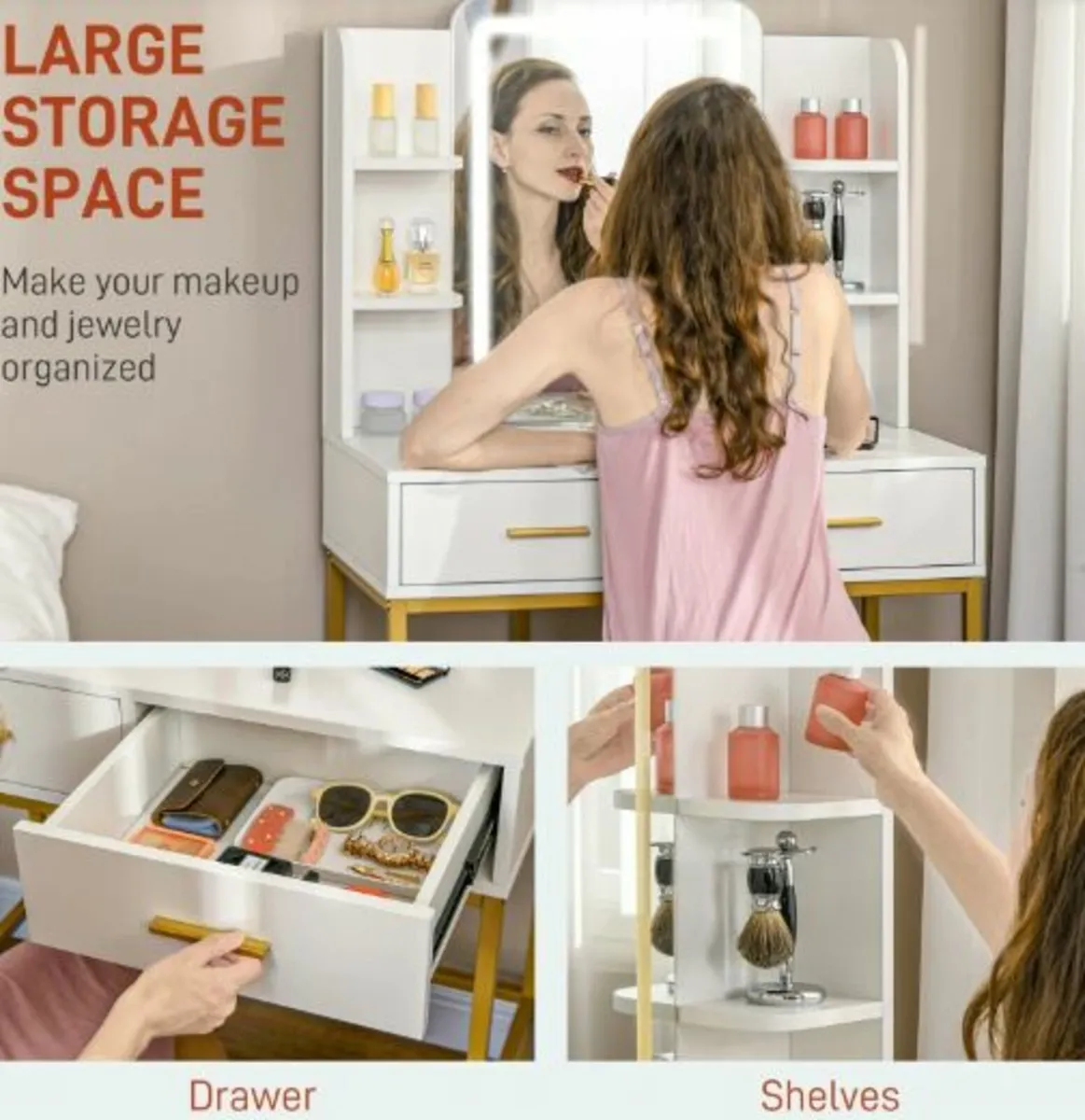 LED Light Dressing Table, with Stool - White - Image 3