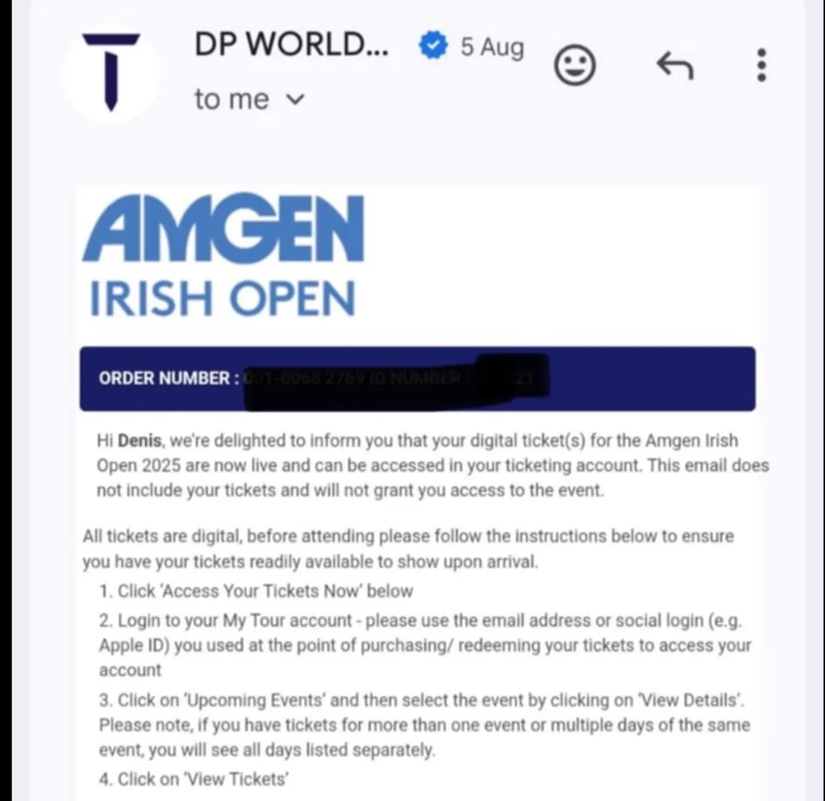 Golf Irish open wkly ticket - Image 1
