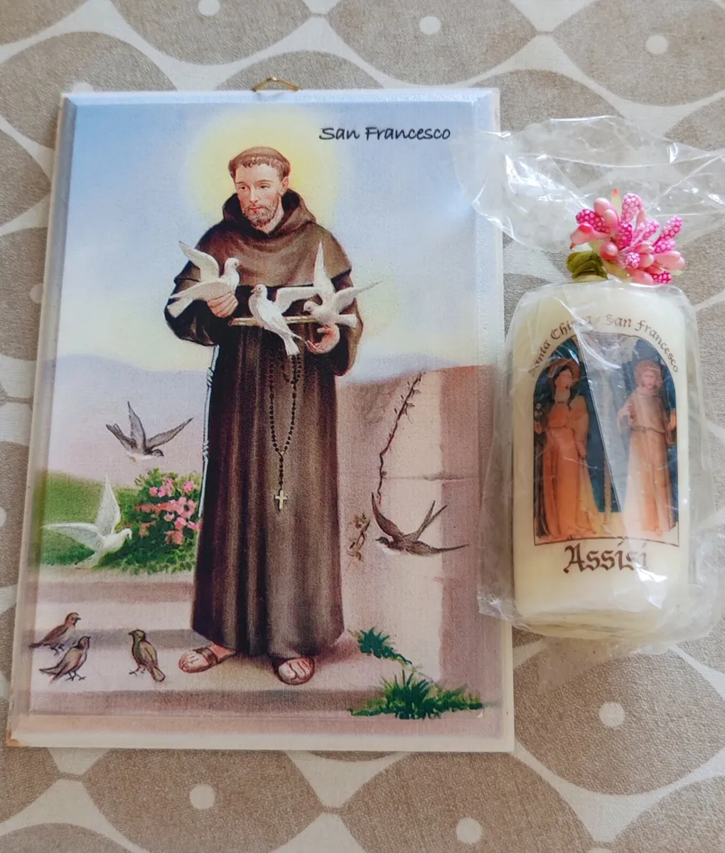 St. Frances wooden plaque and candle - Image 1
