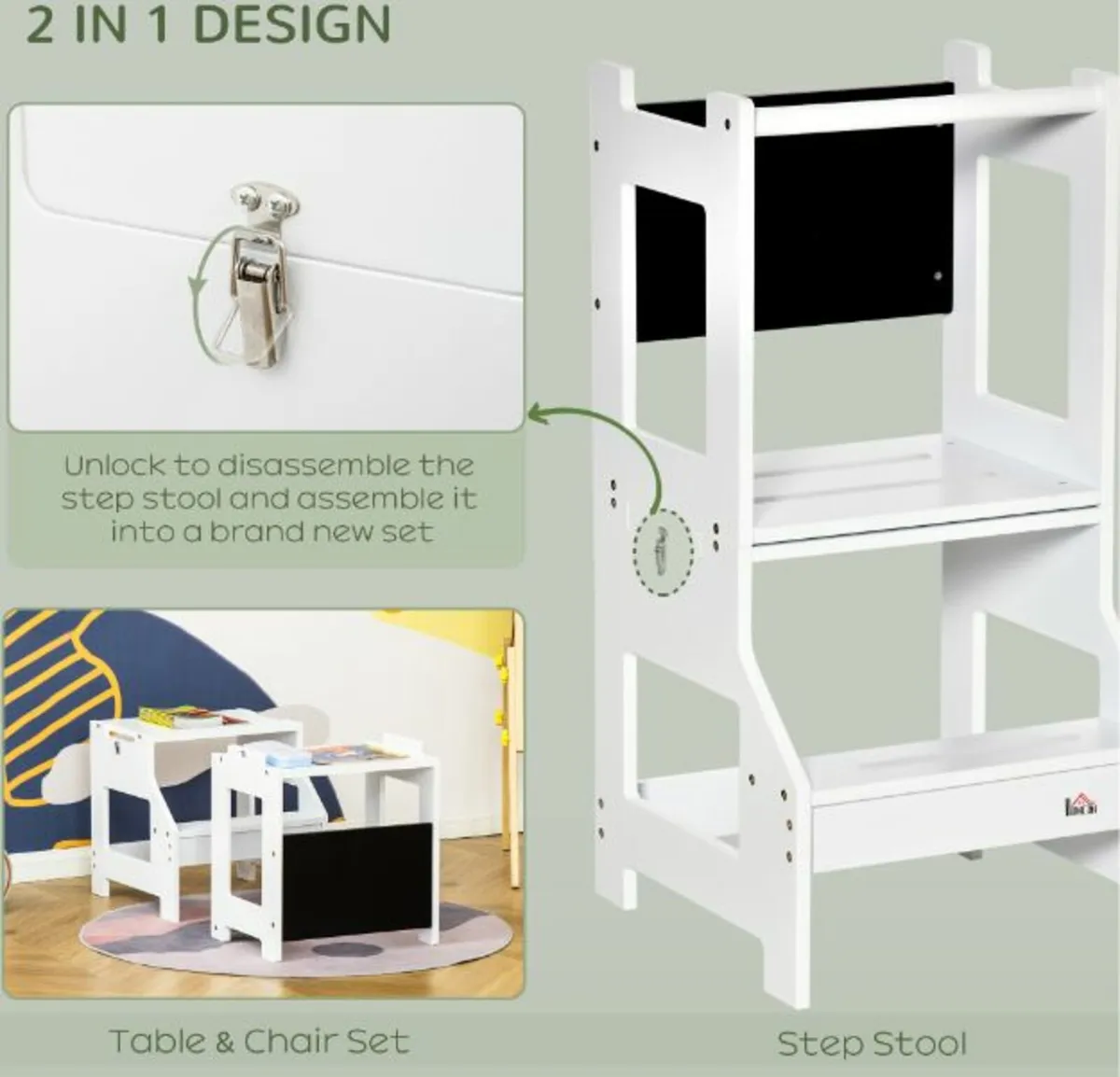 2 in 1 Kids Kitchen Step Stool with Safety Rail - Image 3