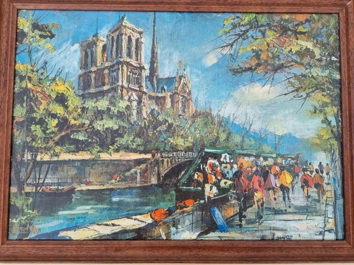 Vintage oil painting Paris Notre Dame Cathedral - Image 2