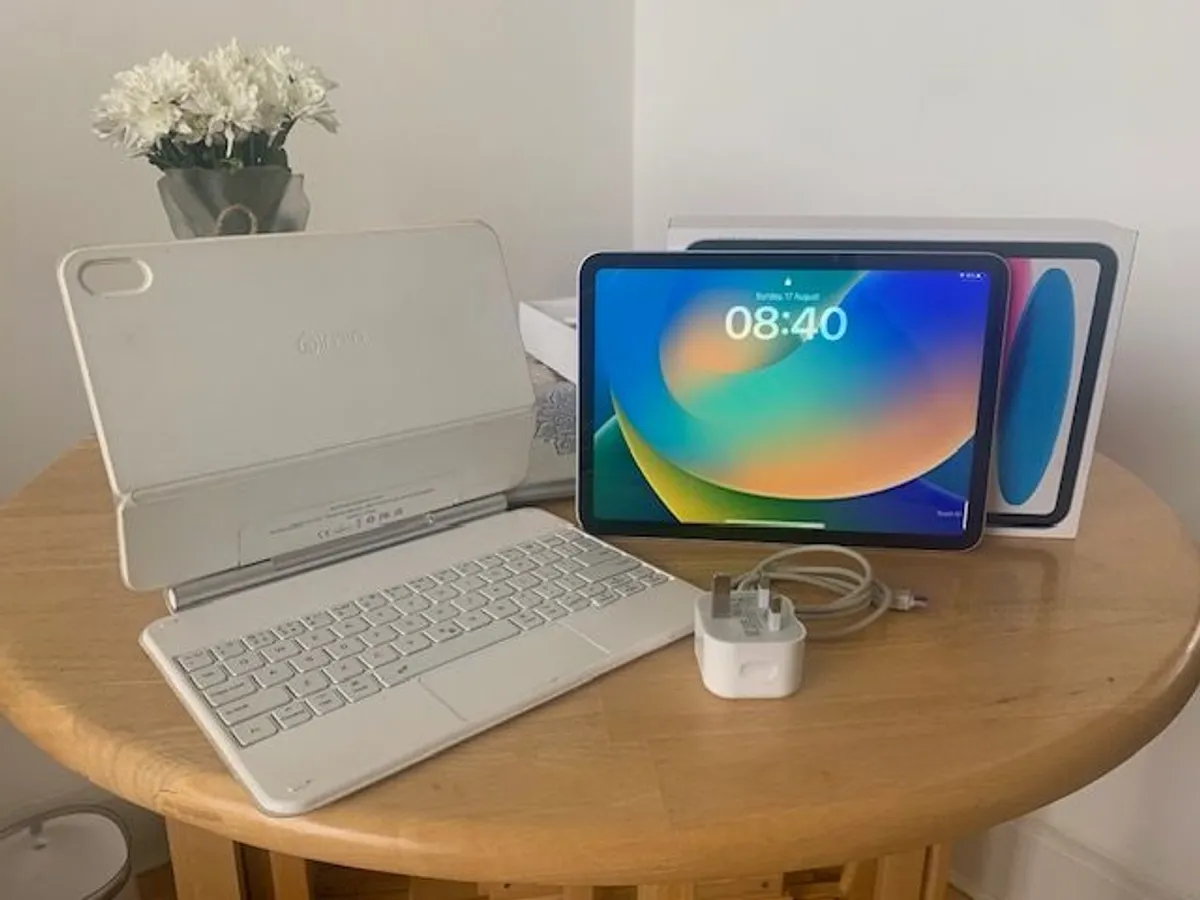 iPad 10th Generation 64GB Silver with Keyboard Charger and Box - Image 1