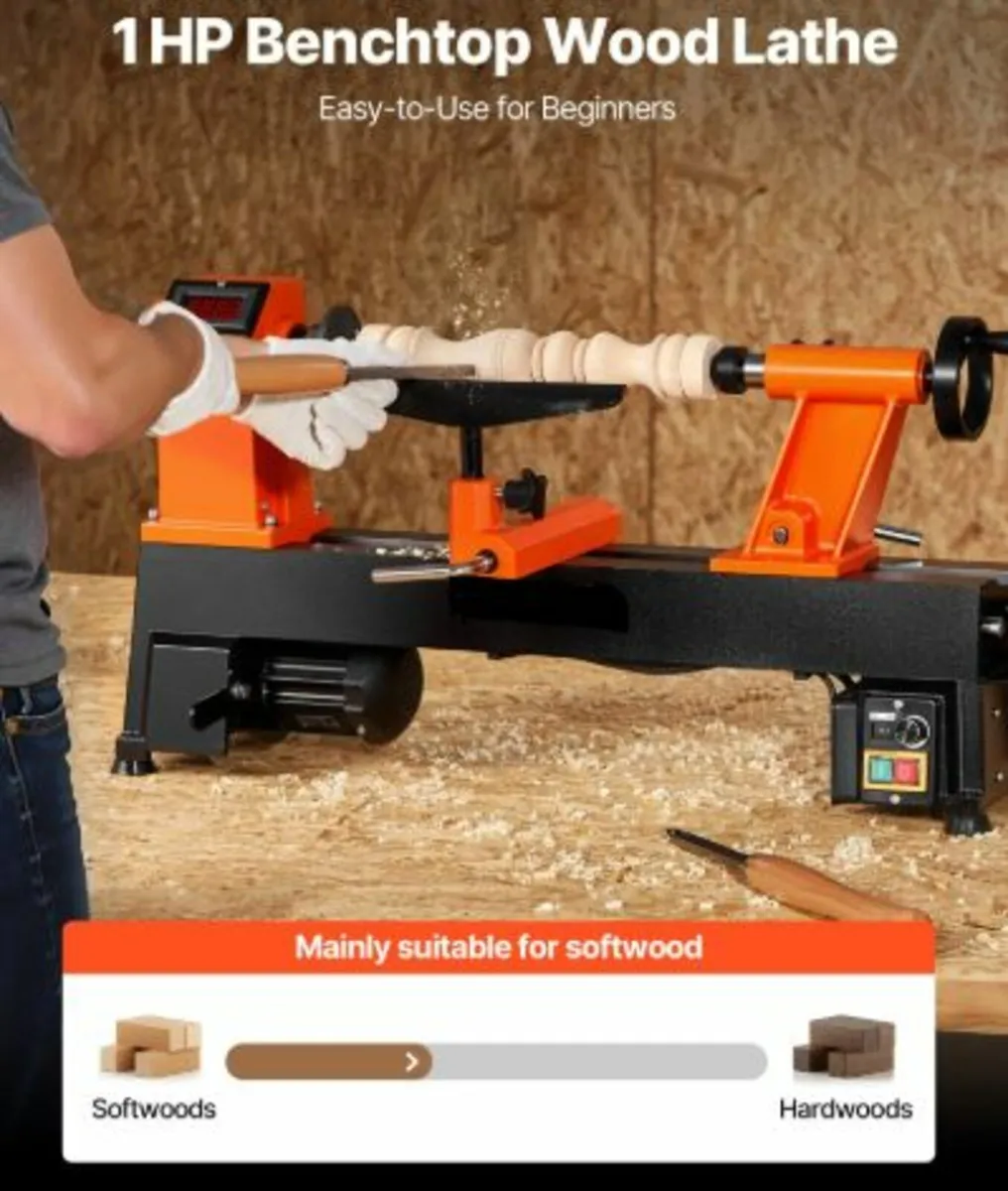 Woodworking Lathe 1 HP 12 in x18 in Benchtop Wood - Image 2