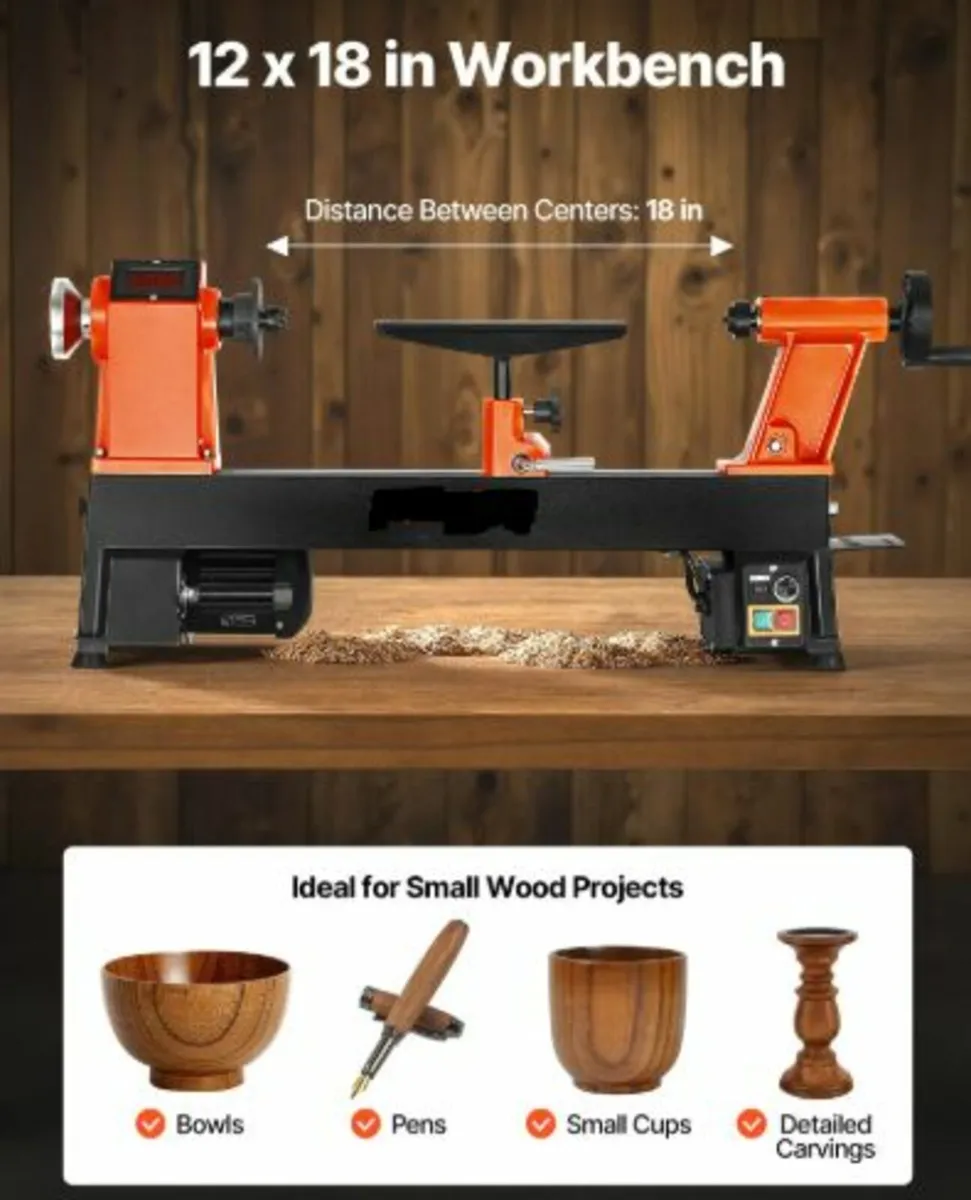 Woodworking Lathe 1 HP 12 in x18 in Benchtop Wood - Image 3