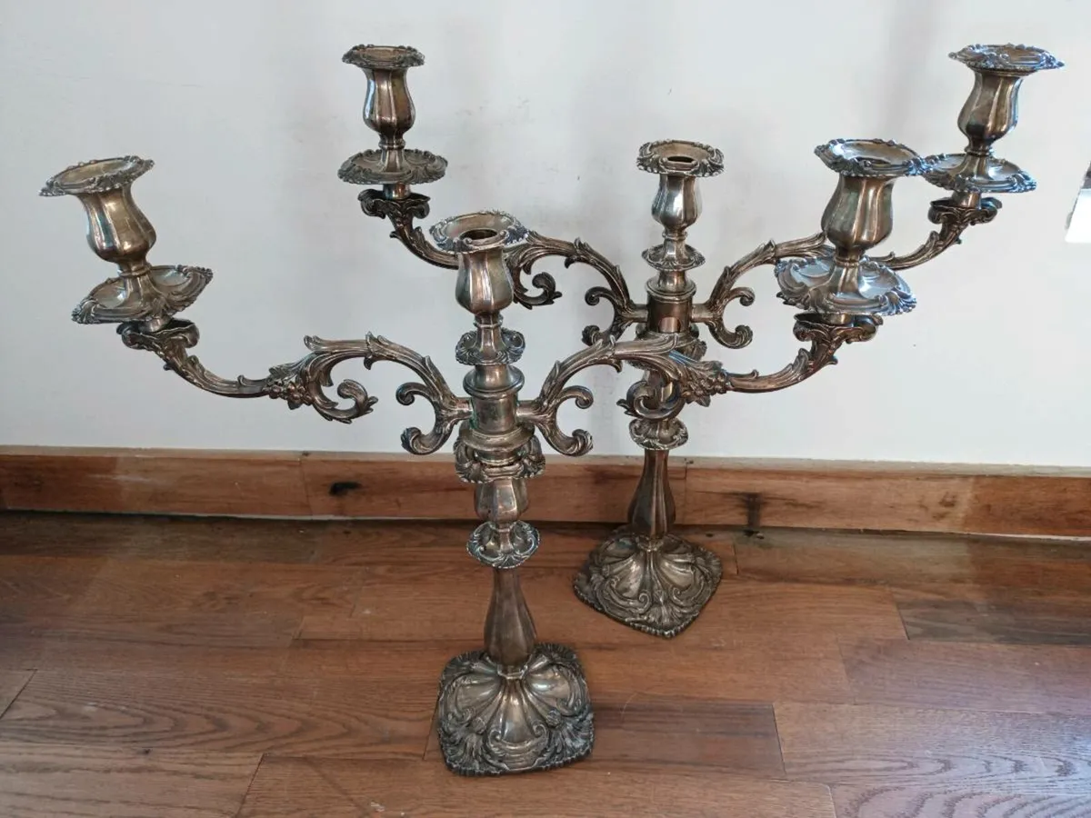 📍 PAIR of antique silver plated 3 arm candelabra - Image 3