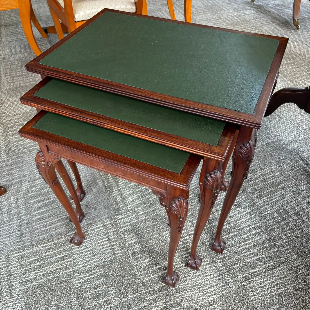 Fabulous mahogany nest of 3 tables with leather