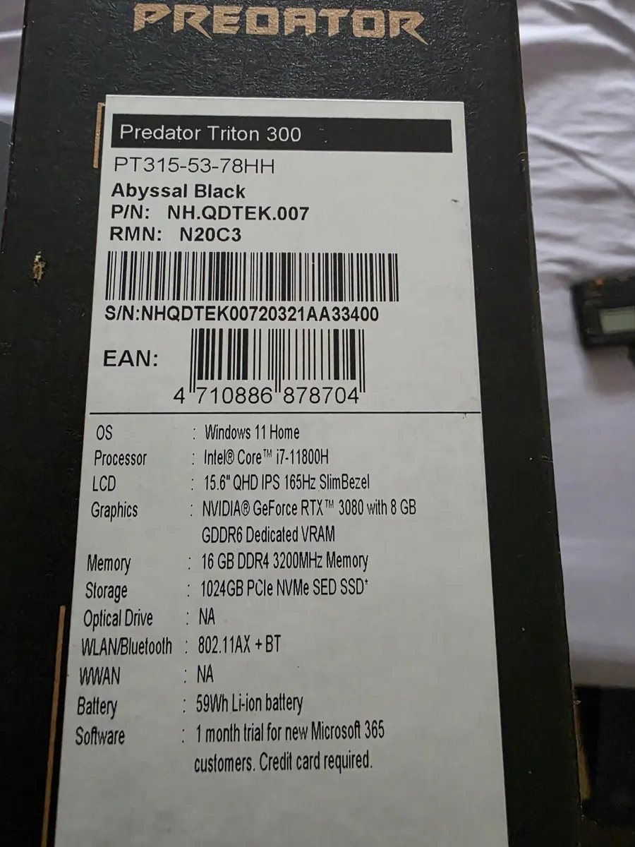 Gaming Laptop Predator Triton 300, I7 11800H, - Image 2