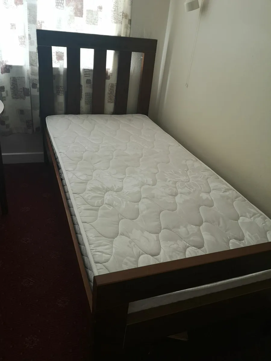 Dark Brown Wooden Single Bed With Mattress - Image 1