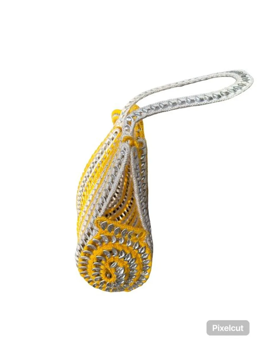 Handmade Yellow Crochet bag with recycled pieces. Magnetic clip - Image 1