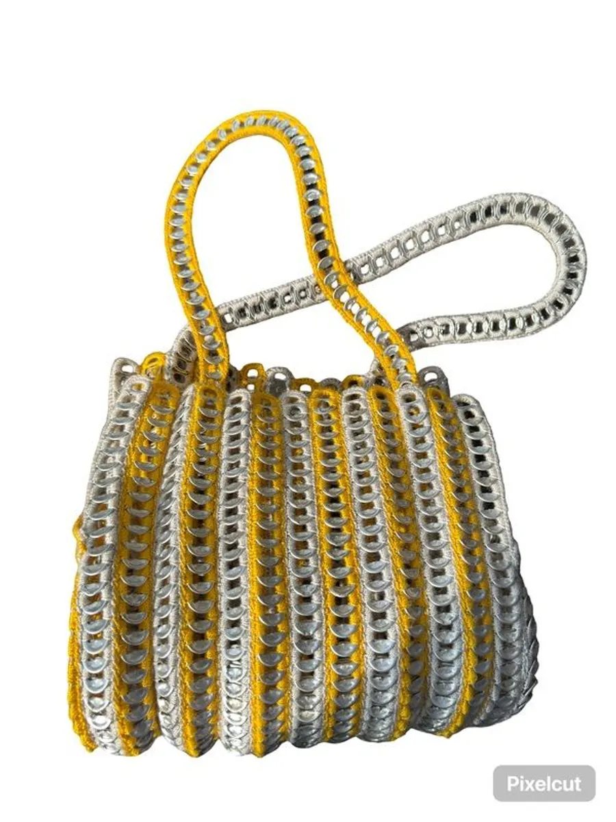 Handmade Yellow Crochet bag with recycled pieces. Magnetic clip - Image 2