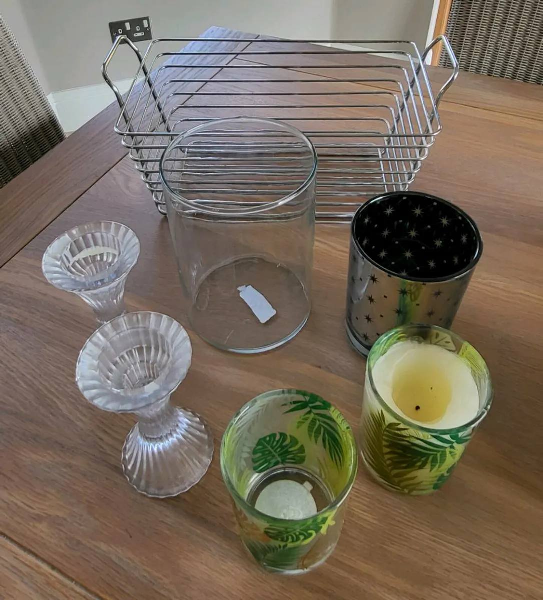 Candle jars,  crystal candlesticks, vase & storage