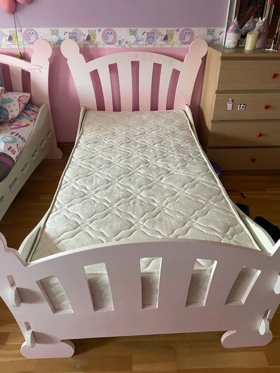 Childs pink single bed with matress and matching bedside locker - Image 1