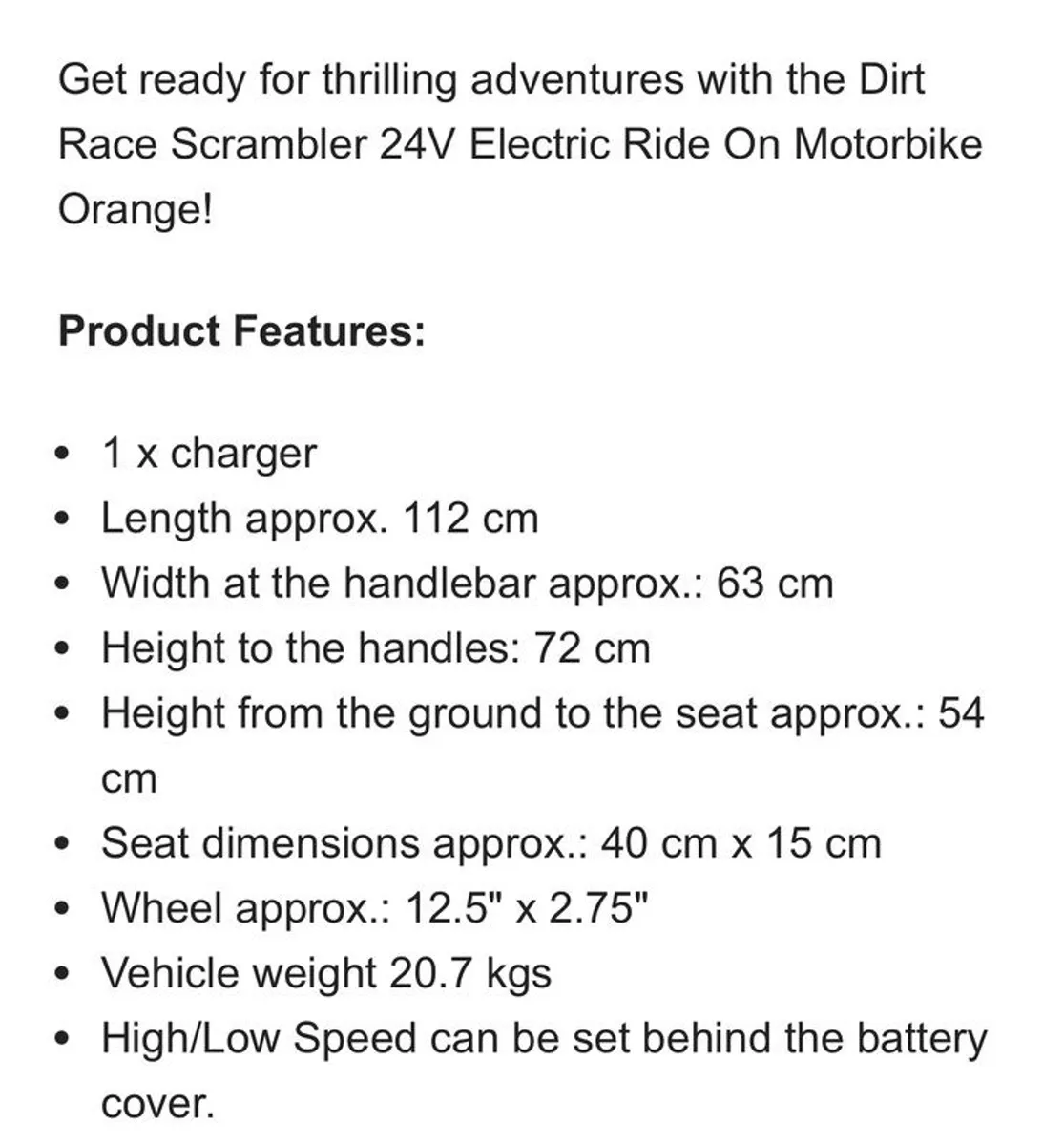 Dirt Race Scrambler 24V Electric Ride On Motorbike Orange - Image 2