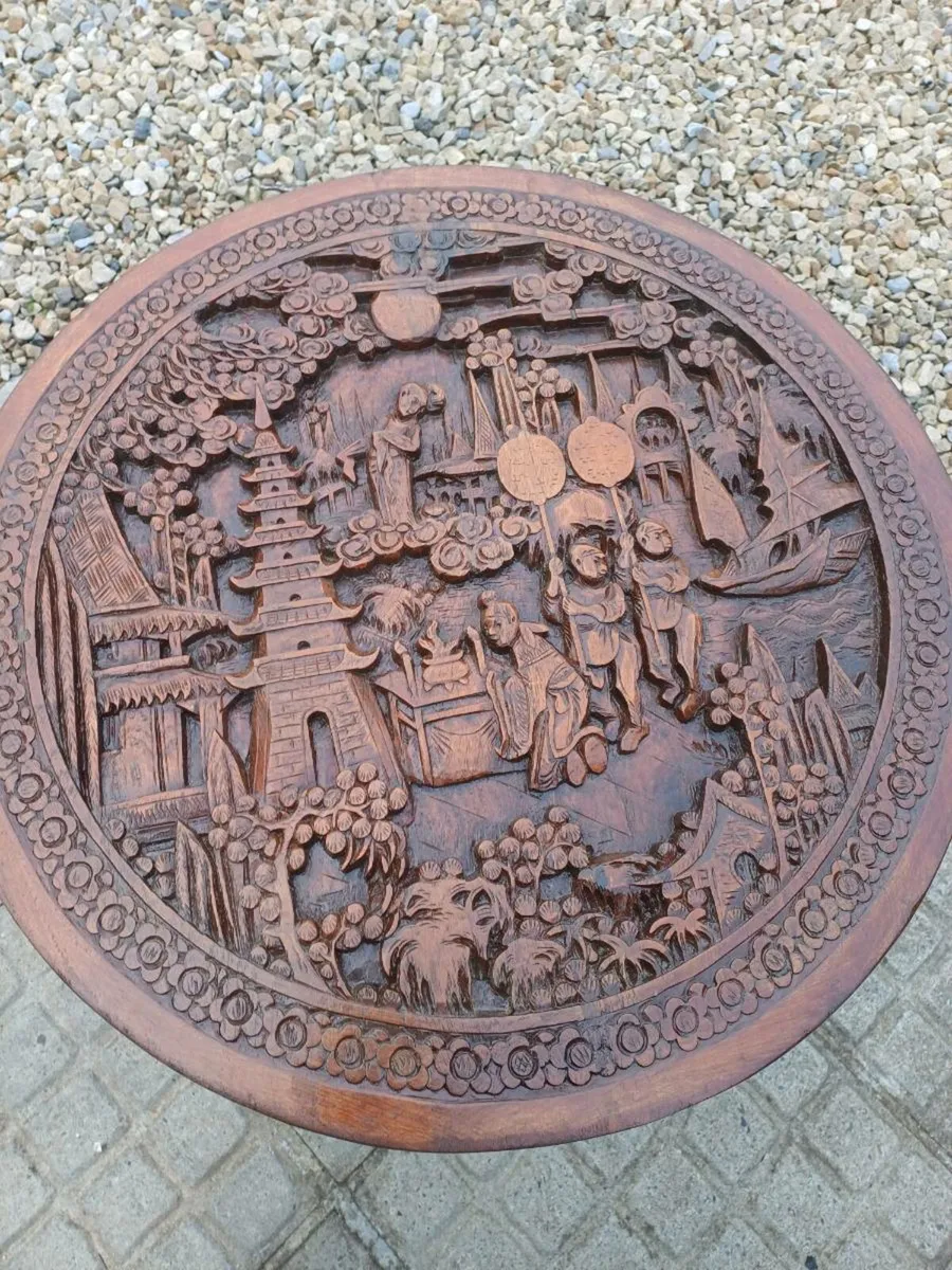 1940s Carved Hardwood Oriental Table - Image 3
