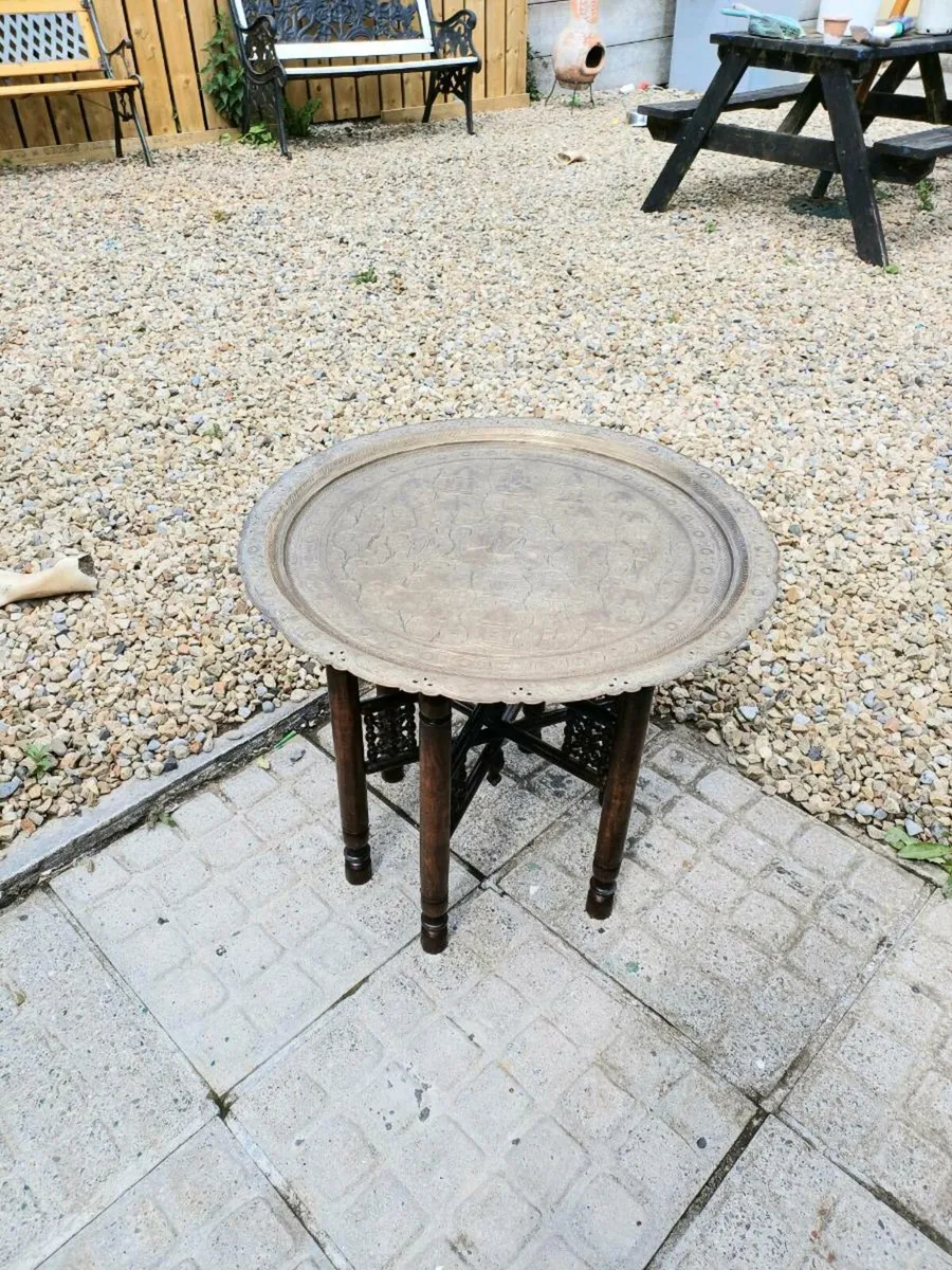 2 Antique Moroccan Brass Tray Tables - Image 2