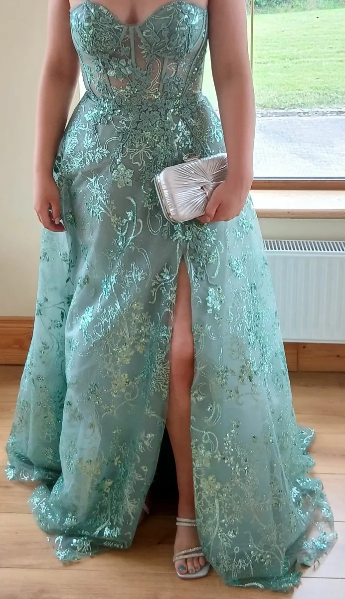 Sage Green Strapless Corset Ball Gown - Image 2