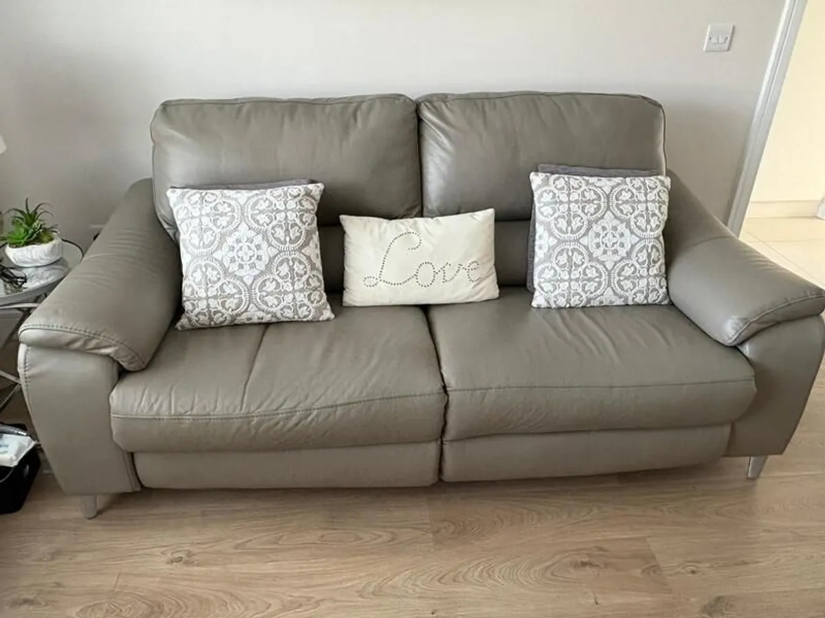 Harvey Norman Taupe leather 3 & 2 seater recliners with charging ports - Image 2