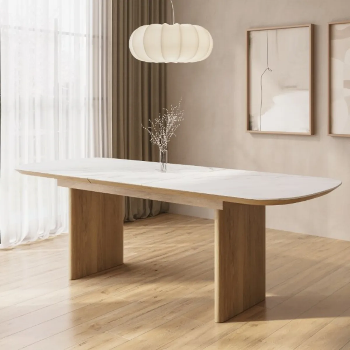 White Marble Ceramic + Oak Extendable Dining Table - Image 1