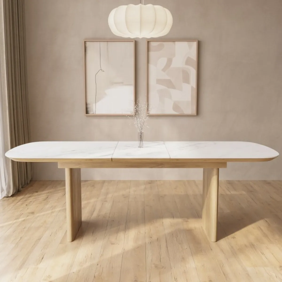 White Marble Ceramic + Oak Extendable Dining Table - Image 2
