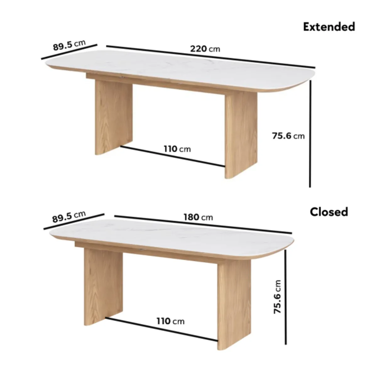 White Marble Ceramic + Oak Extendable Dining Table - Image 3