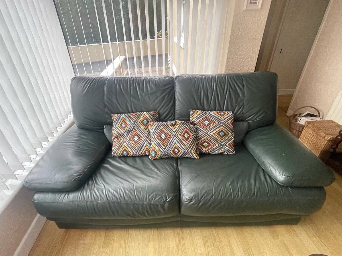 Dark Green Leather Couch - Image 1